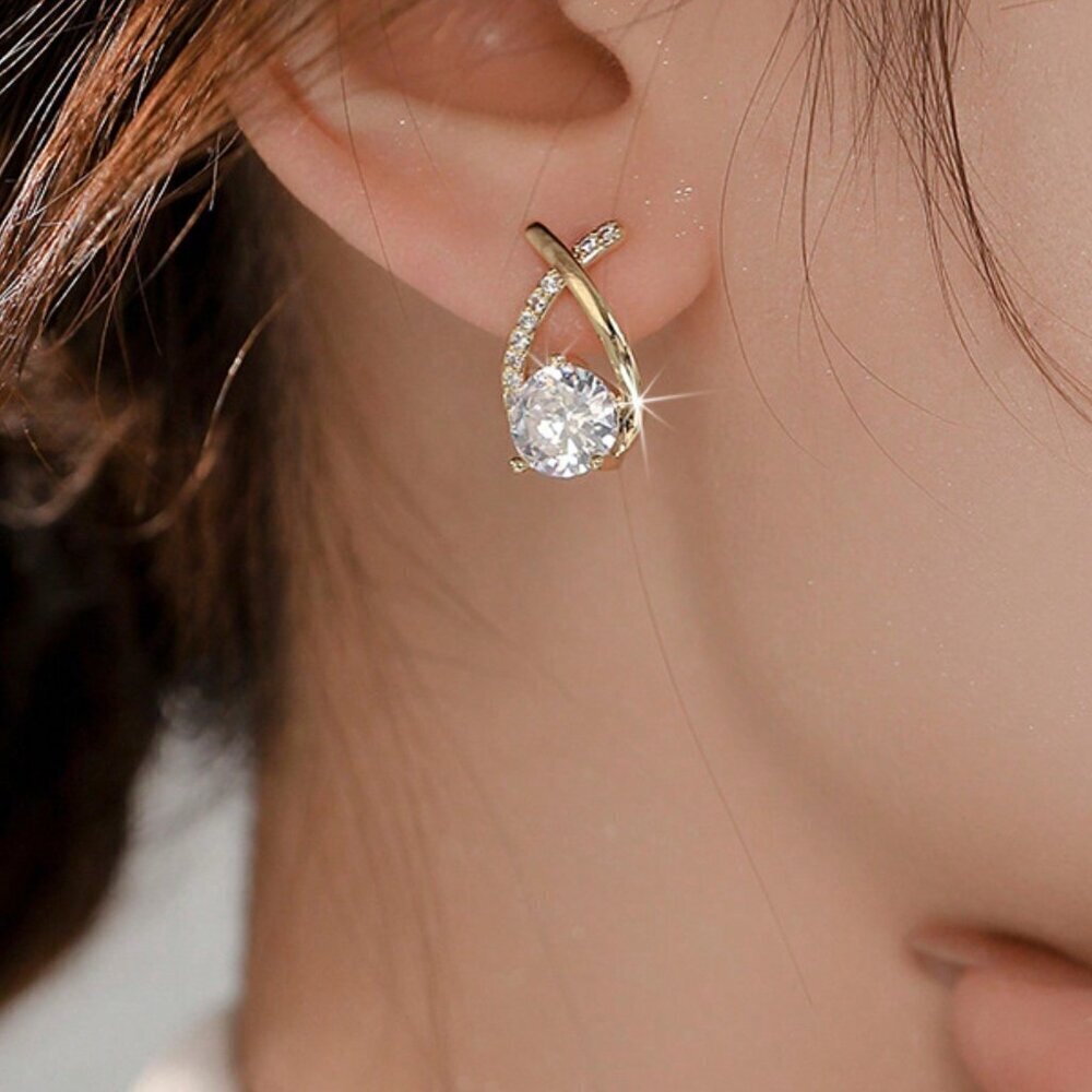 Yellow Gold Women's Crossed Labradorite & Rhinestone Decor Stud Earrings - Picture 2 of 4